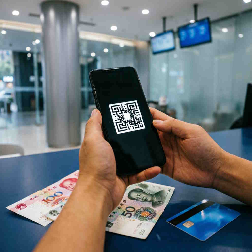 Смартфон с QR-оплатой, юани и банковская карта
